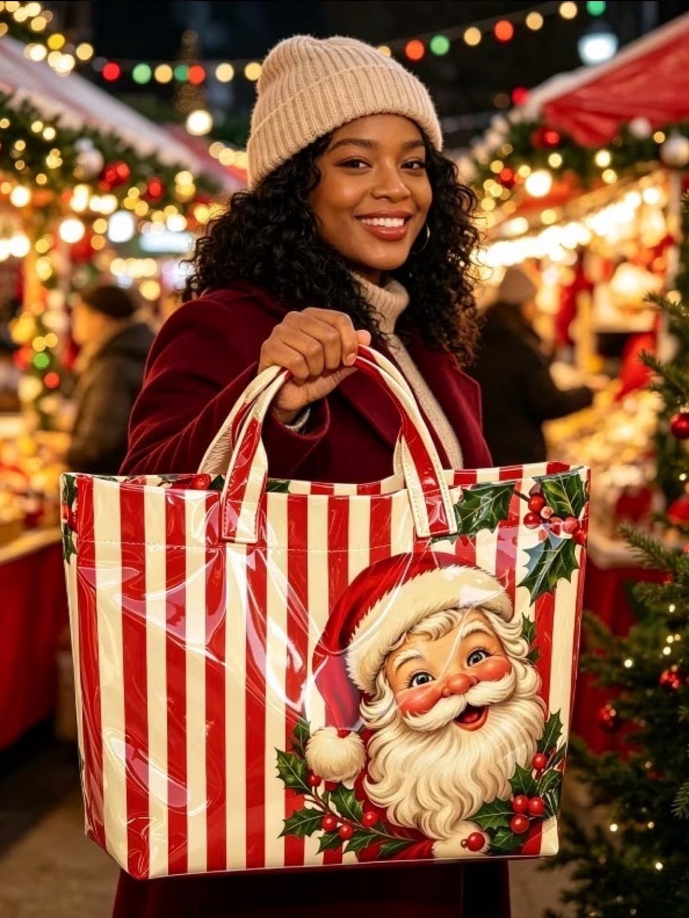 Festive Santa Stripe Tote Bag - Red & White Holiday Carry Bag